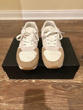 J. Crew Cream and Tan Low-Top Suede-Trim Sneakers, size 7